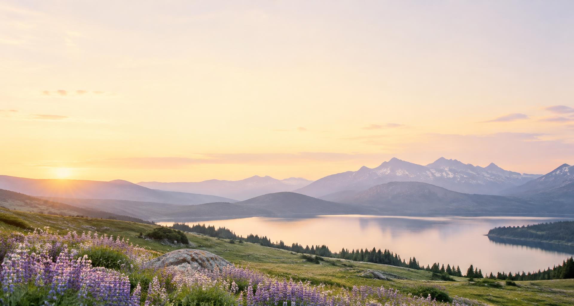An open alpine meadow of violet wildflowers overlooking a peaceful lake at sunrise